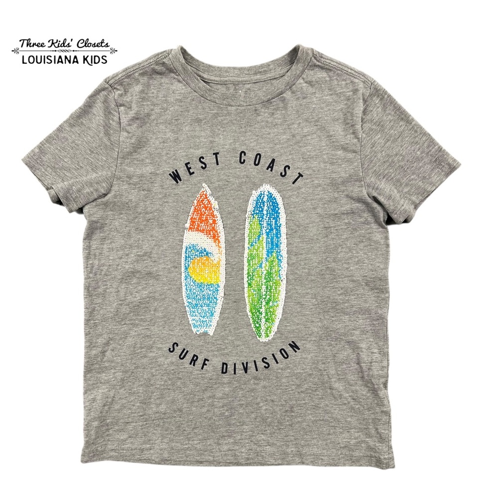 Rumi + Ryder M (8-10Y) Gray Flip Sequin Surf Board Graphic Tee Shirt